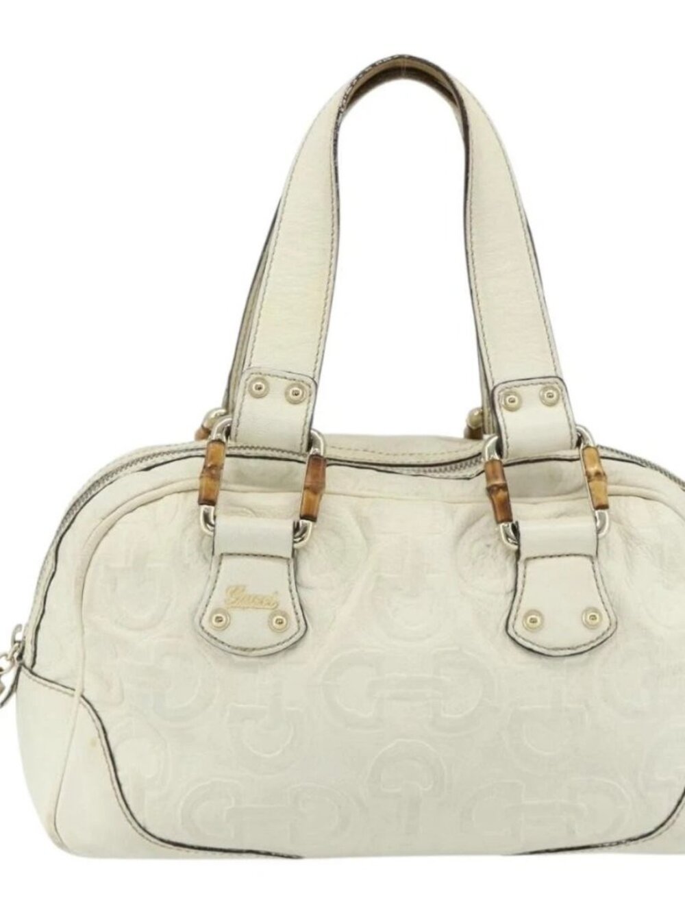 GUCCI Bamboo Boston Bag Leather White Gold 154376 Auth ep14116